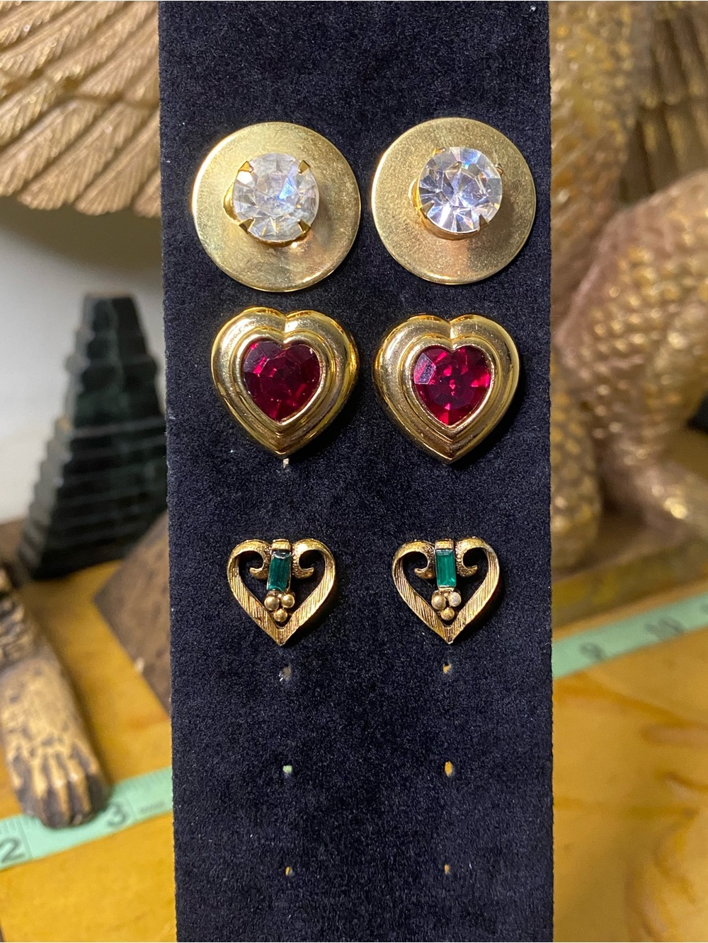 Vintage Gold-Tone Heart & Crystal Earring Set - Red & Clear